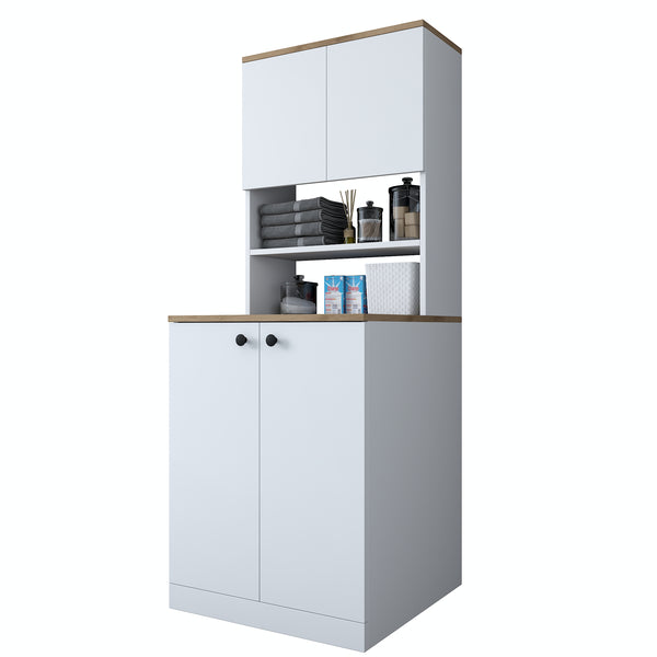 Rani KD102 Çamaşır Makinesi Dolabı Kapaklı 3 Raflı Üst Dolaplı Banyo Dolabı Beyaz - Sepet Ceviz