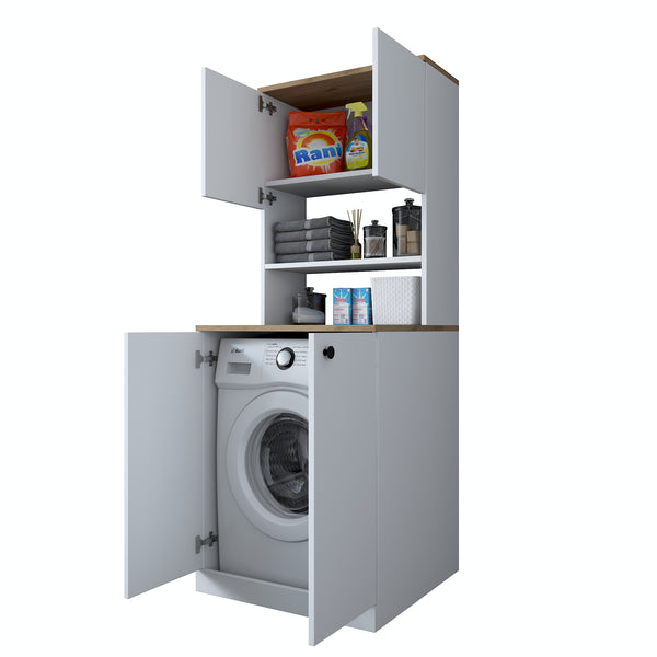 Rani KD102 Çamaşır Makinesi Dolabı Kapaklı 3 Raflı Üst Dolaplı Banyo Dolabı Beyaz - Sepet Ceviz