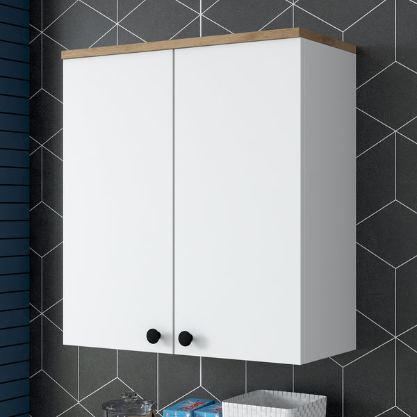 Rani KB102 Kapaklı Banyo Dolabı Makina Üstü Çok Amaçlı Raflı Dolap Beyaz - Sepet Ceviz