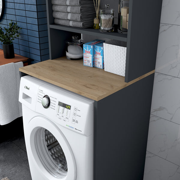 Rani KD101 Çamaşır Makinesi Dolabı 3 Raflı Kapaklı Banyo Dolabı Antrasit - Sepet Ceviz