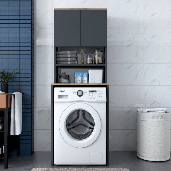 Rani KD101 Çamaşır Makinesi Dolabı 3 Raflı Kapaklı Banyo Dolabı Antrasit - Sepet Ceviz