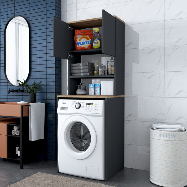 Rani KD101 Çamaşır Makinesi Dolabı 3 Raflı Kapaklı Banyo Dolabı Antrasit - Sepet Ceviz