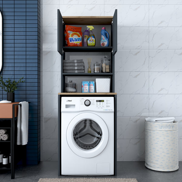 Rani KD101 Çamaşır Makinesi Dolabı 3 Raflı Kapaklı Banyo Dolabı Antrasit - Sepet Ceviz