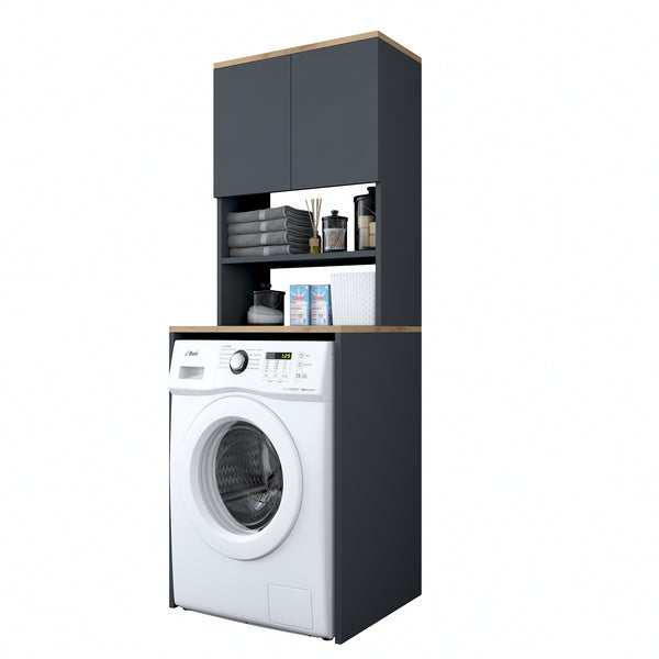 Rani KD101 Çamaşır Makinesi Dolabı 3 Raflı Kapaklı Banyo Dolabı Antrasit - Sepet Ceviz