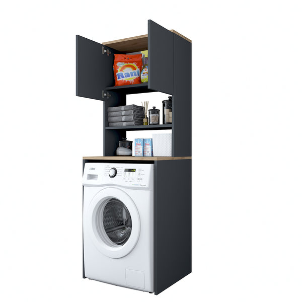 Rani KD101 Çamaşır Makinesi Dolabı 3 Raflı Kapaklı Banyo Dolabı Antrasit - Sepet Ceviz