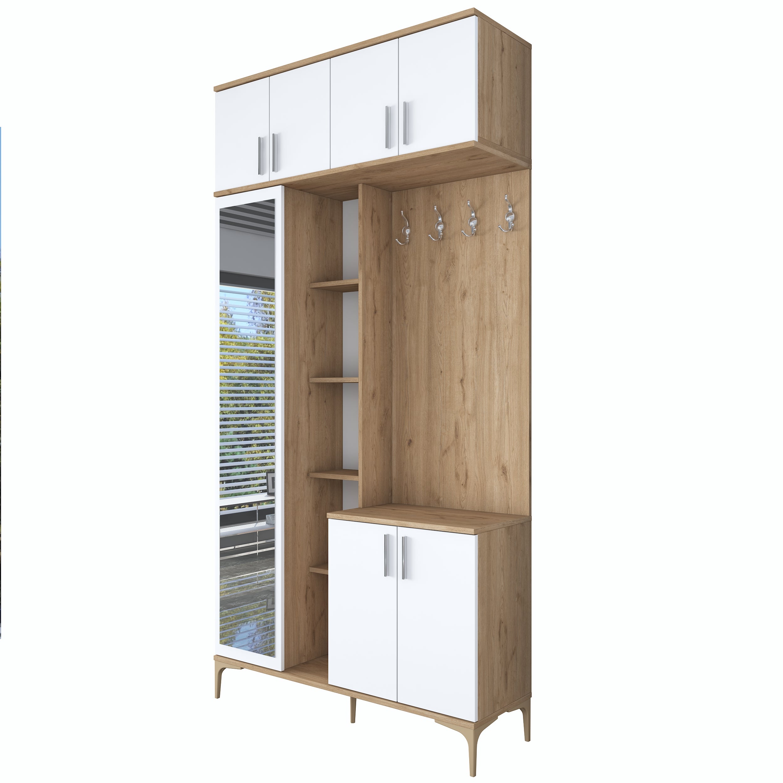 Rani EA120 Portmanto Aynalı Raflı Ayakkabılık Vestiyer Sepet Ceviz - Beyaz