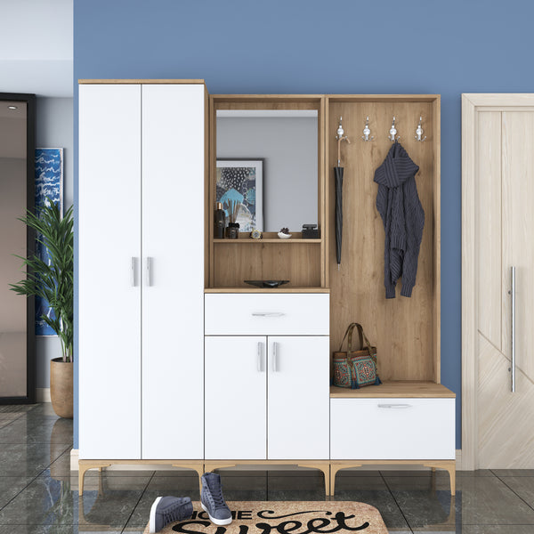 Rani EA132 Portmanto Aynalı Raflı Ayakkabılık Vestiyer Sepet Ceviz - Beyaz