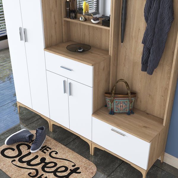 Rani EA132 Portmanto Aynalı Raflı Ayakkabılık Vestiyer Sepet Ceviz - Beyaz