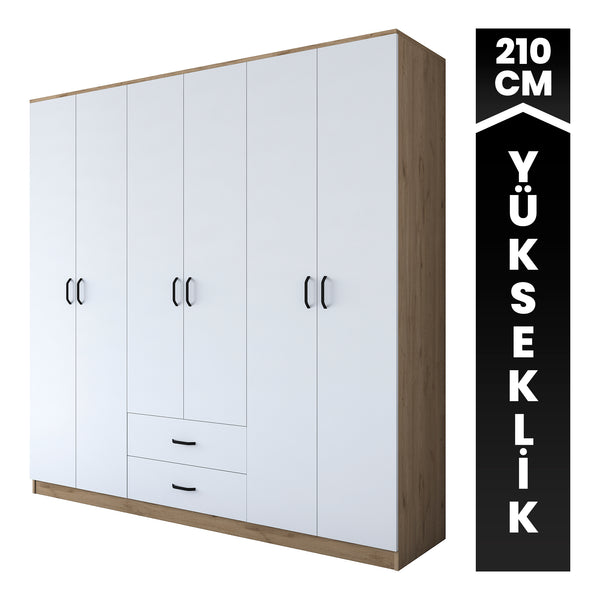 Rani BA111 Geniş Gardırop Elbise Dolabı 6 Kapaklı 2 Çekmeceli 6 Raflı 3 Askılı Sepet Ceviz - Beyaz