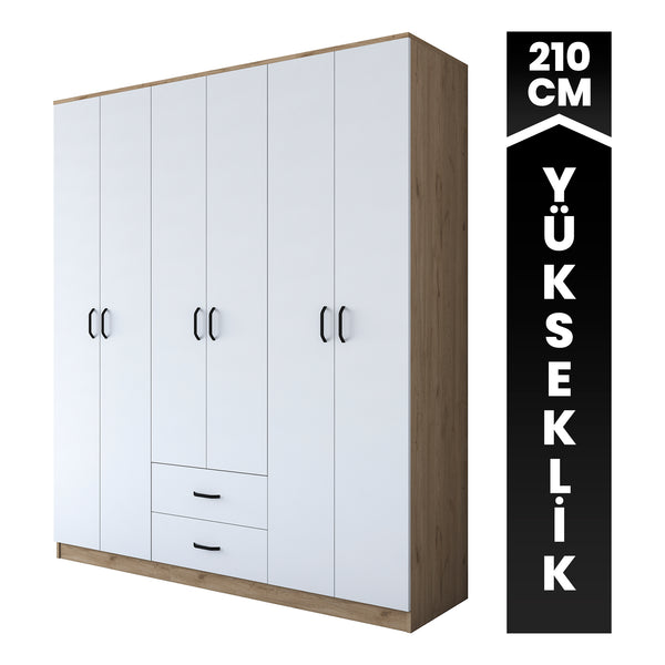 Rani BA113 Geniş Gardırop Elbise Dolabı 6 Kapaklı 2 Çekmeceli 6 Raflı 3 Askılı Sepet Ceviz - Beyaz